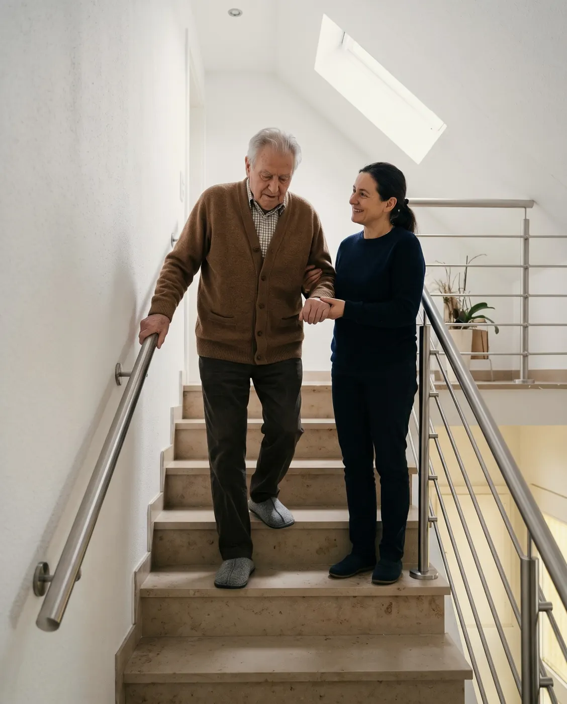 Zweiter Handlauf an einer Innentreppe, ein Mann geht sicher die Treppe hinunter